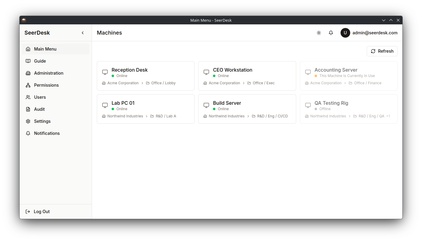 SeerDesk machine list showing available remote desktops